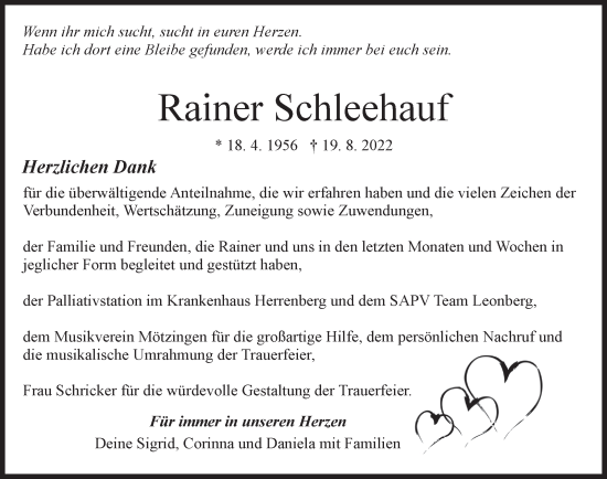 Traueranzeige von Rainer Schleehauf von Leonberger Kreiszeitung / Strohgäu Extra