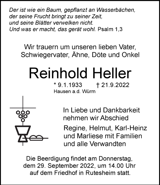 Traueranzeige von Reinhold Heller von Leonberger Kreiszeitung / Strohgäu Extra