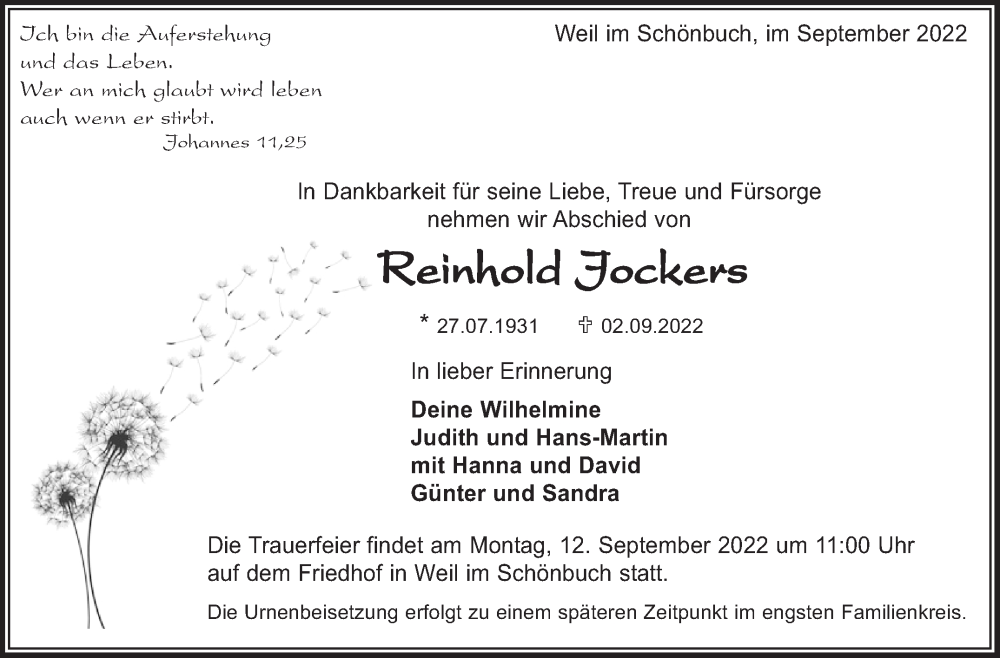  Traueranzeige für Reinhold Jockers vom 08.09.2022 aus Leonberger Kreiszeitung / Strohgäu Extra
