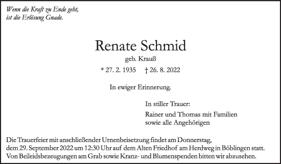 Traueranzeige von Renate Schmid von Leonberger Kreiszeitung / Strohgäu Extra