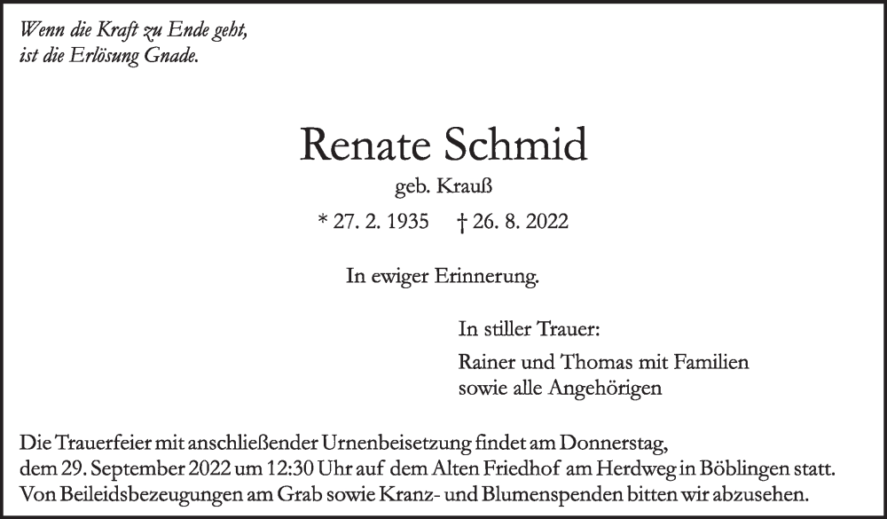  Traueranzeige für Renate Schmid vom 24.09.2022 aus Leonberger Kreiszeitung / Strohgäu Extra
