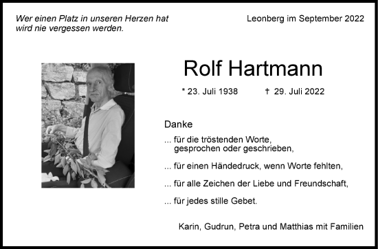 Traueranzeige von Rolf Hartmann von Leonberger Kreiszeitung / Strohgäu Extra
