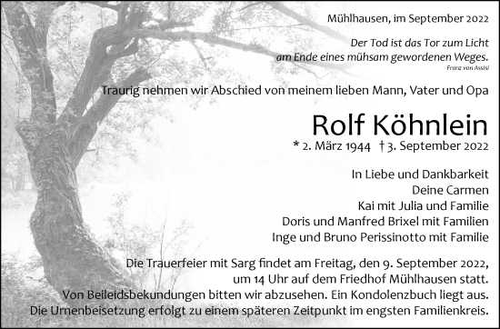 Traueranzeige von Rolf Köhnlein von Leonberger Kreiszeitung / Strohgäu Extra