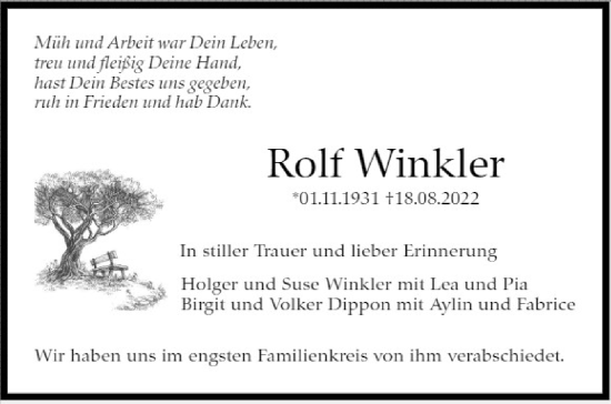 Traueranzeige von Rolf Winkler von Leonberger Kreiszeitung / Strohgäu Extra