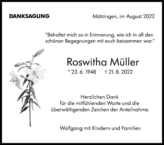 Traueranzeige von Roswitha Müller von Leonberger Kreiszeitung / Strohgäu Extra