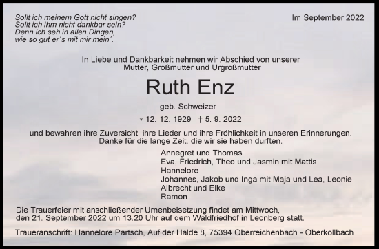 Traueranzeige von Ruth Enz von Leonberger Kreiszeitung / Strohgäu Extra