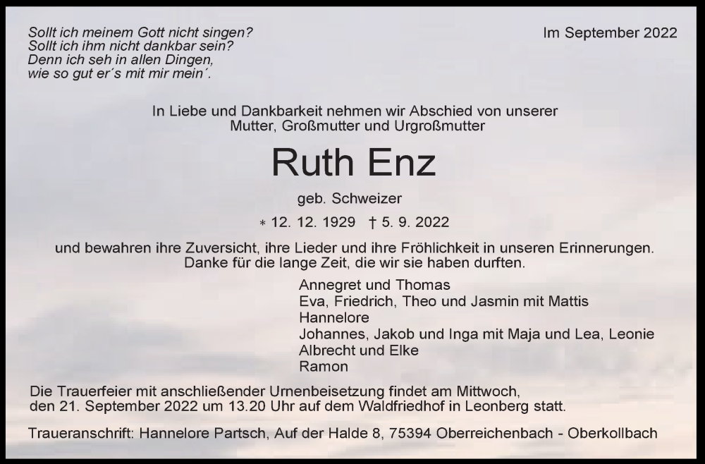 Traueranzeige für Ruth Enz vom 17.09.2022 aus Leonberger Kreiszeitung / Strohgäu Extra