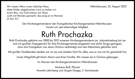 Traueranzeige von Ruth Prochazka von Leonberger Kreiszeitung / Strohgäu Extra
