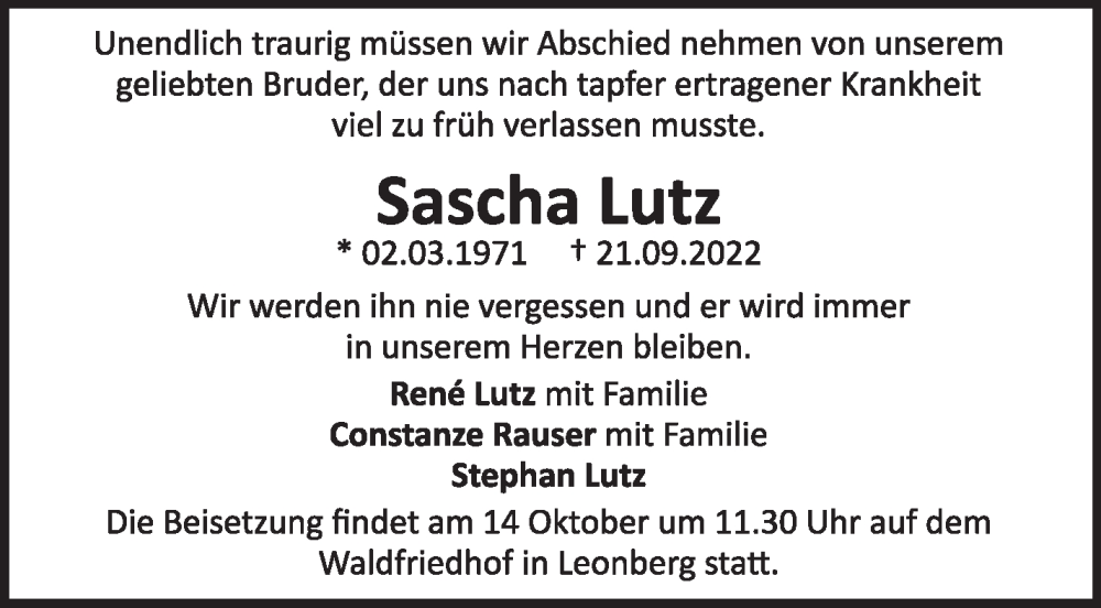  Traueranzeige für Sascha Lutz vom 30.09.2022 aus Leonberger Kreiszeitung / Strohgäu Extra
