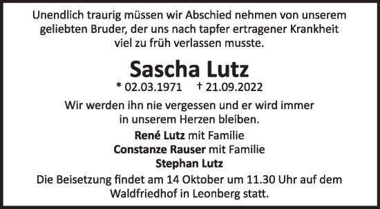 Traueranzeige von Sascha Lutz von Leonberger Kreiszeitung / Strohgäu Extra