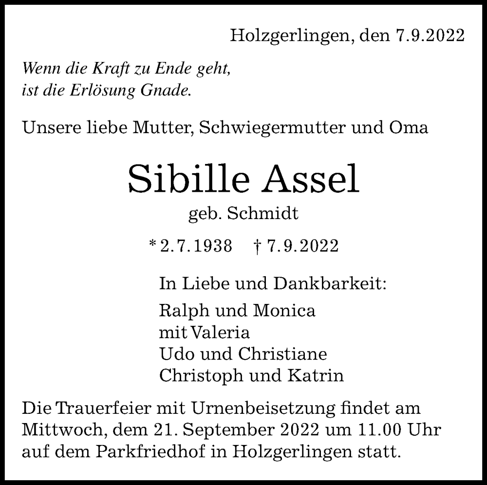  Traueranzeige für Sibille Assel vom 16.09.2022 aus Leonberger Kreiszeitung / Strohgäu Extra