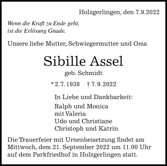 Traueranzeige von Sibille Assel von Leonberger Kreiszeitung / Strohgäu Extra