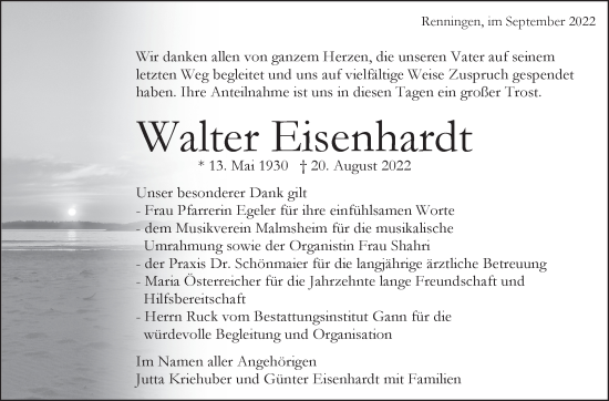 Traueranzeige von Walter Eisenhardt von Leonberger Kreiszeitung / Strohgäu Extra