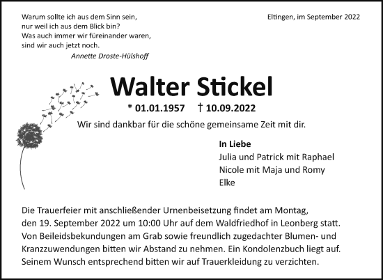 Traueranzeige von Walter Stickel von Leonberger Kreiszeitung / Strohgäu Extra