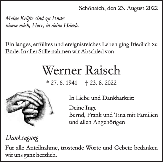 Traueranzeige von Werner Raisch von Leonberger Kreiszeitung / Strohgäu Extra