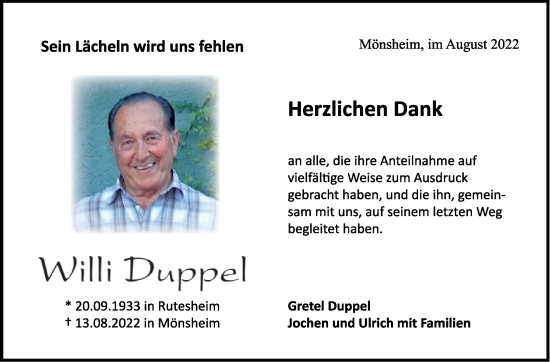 Traueranzeige von Willi Duppel von Leonberger Kreiszeitung / Strohgäu Extra