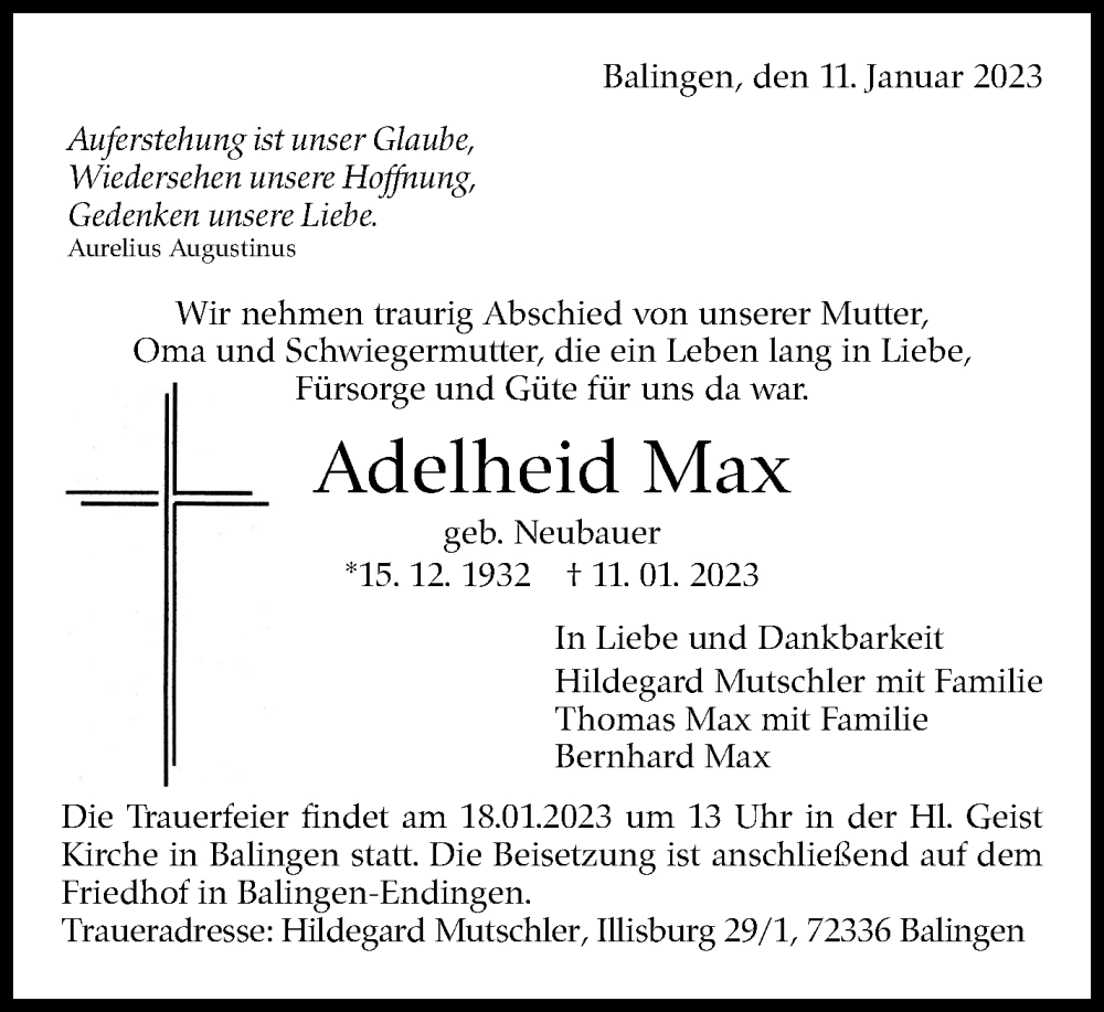  Traueranzeige für Adelheid Max vom 14.01.2023 aus Leonberger Kreiszeitung / Strohgäu Extra