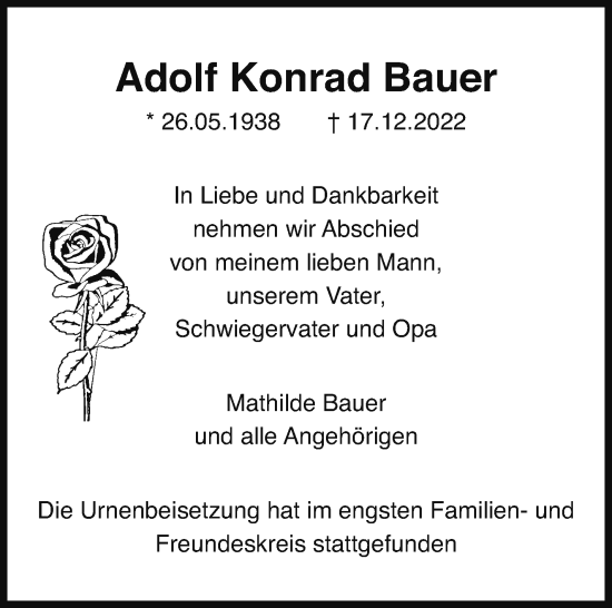 Traueranzeige von Adolf Konrad Bauer von Leonberger Kreiszeitung / Strohgäu Extra