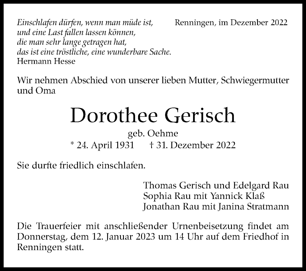  Traueranzeige für Dorothee Gerisch vom 09.01.2023 aus Leonberger Kreiszeitung / Strohgäu Extra