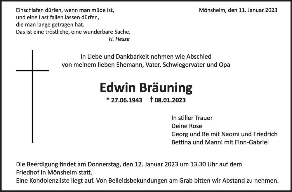  Traueranzeige für Edwin Bräuning vom 11.01.2023 aus Leonberger Kreiszeitung / Strohgäu Extra
