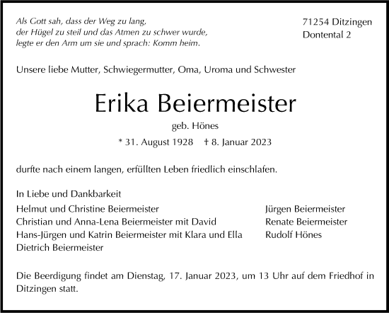 Traueranzeige von Erika Beiermeister von Leonberger Kreiszeitung / Strohgäu Extra