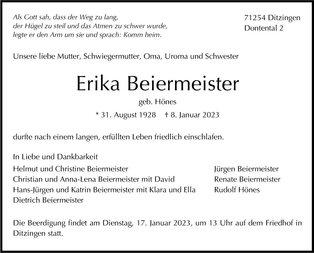  Traueranzeige für Erika Beiermeister vom 14.01.2023 aus Leonberger Kreiszeitung / Strohgäu Extra