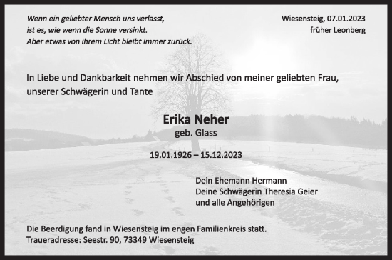Traueranzeige von Erika Neher von Leonberger Kreiszeitung / Strohgäu Extra