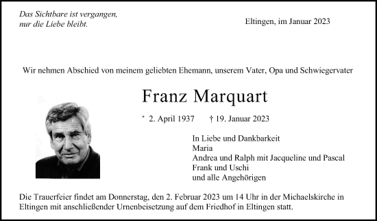 Traueranzeige von Franz Marquart von Leonberger Kreiszeitung / Strohgäu Extra