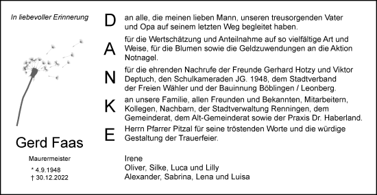Traueranzeige von Gerd Faas von Leonberger Kreiszeitung / Strohgäu Extra