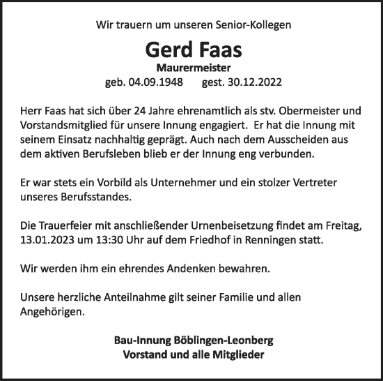 Traueranzeige von Gerd Faas von Leonberger Kreiszeitung / Strohgäu Extra