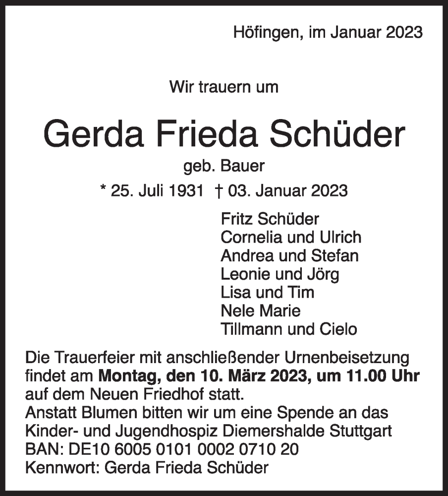  Traueranzeige für Gerda Frieda Schüder vom 21.01.2023 aus Leonberger Kreiszeitung / Strohgäu Extra