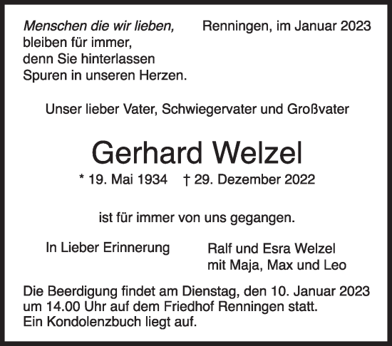 Traueranzeige von Gerhard Welzel von Leonberger Kreiszeitung / Strohgäu Extra