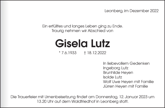 Traueranzeige von Gisela Lutz von Leonberger Kreiszeitung / Strohgäu Extra