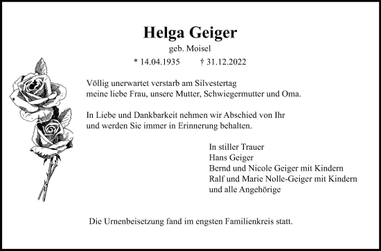 Traueranzeige von Helga Geiger von Leonberger Kreiszeitung / Strohgäu Extra