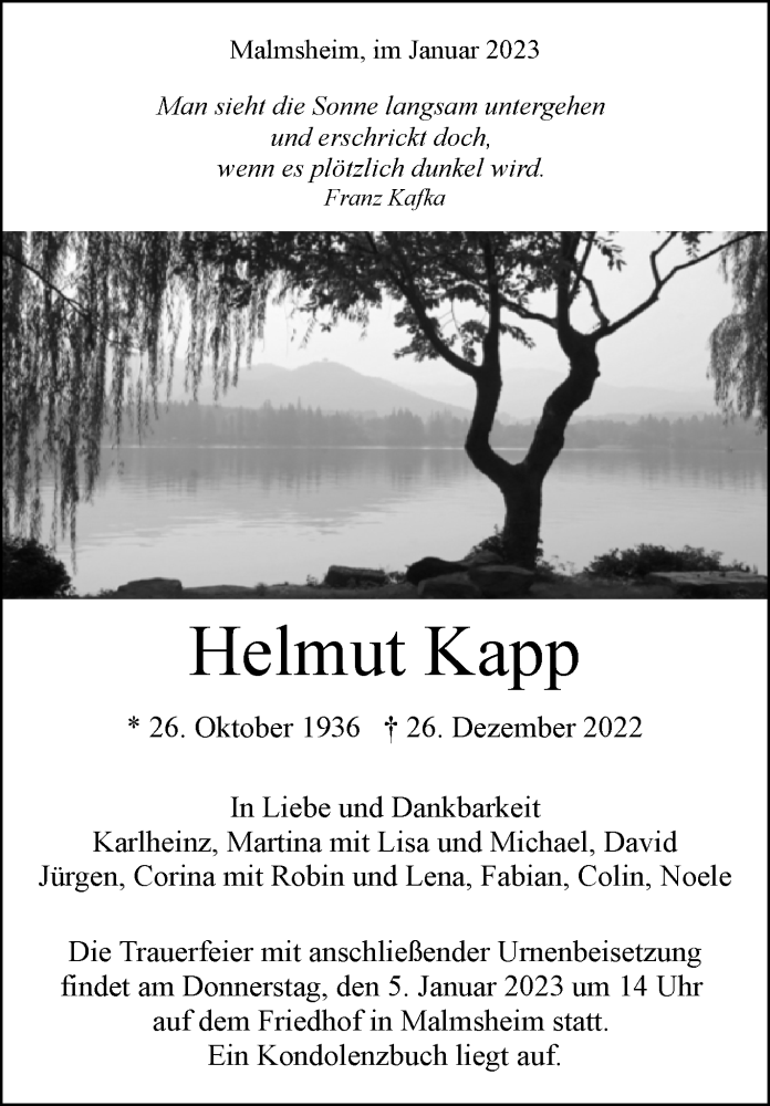  Traueranzeige für Helmut Kapp vom 02.01.2023 aus Leonberger Kreiszeitung / Strohgäu Extra