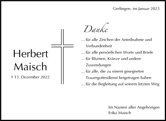 Traueranzeige von Herbert Maisch von Leonberger Kreiszeitung / Strohgäu Extra