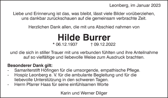 Traueranzeige von Hilde Burrer von Leonberger Kreiszeitung / Strohgäu Extra