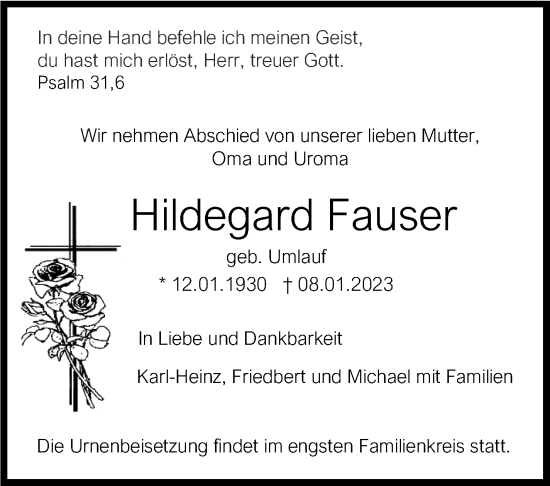 Traueranzeige von Hildegard Fauser von Leonberger Kreiszeitung / Strohgäu Extra