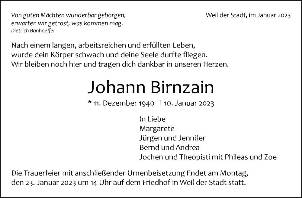  Traueranzeige für Johann Birnzain vom 21.01.2023 aus Leonberger Kreiszeitung / Strohgäu Extra