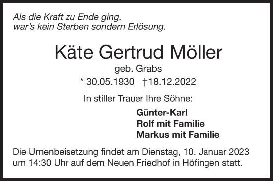 Traueranzeige von Käte Gertrud Möller von Leonberger Kreiszeitung / Strohgäu Extra