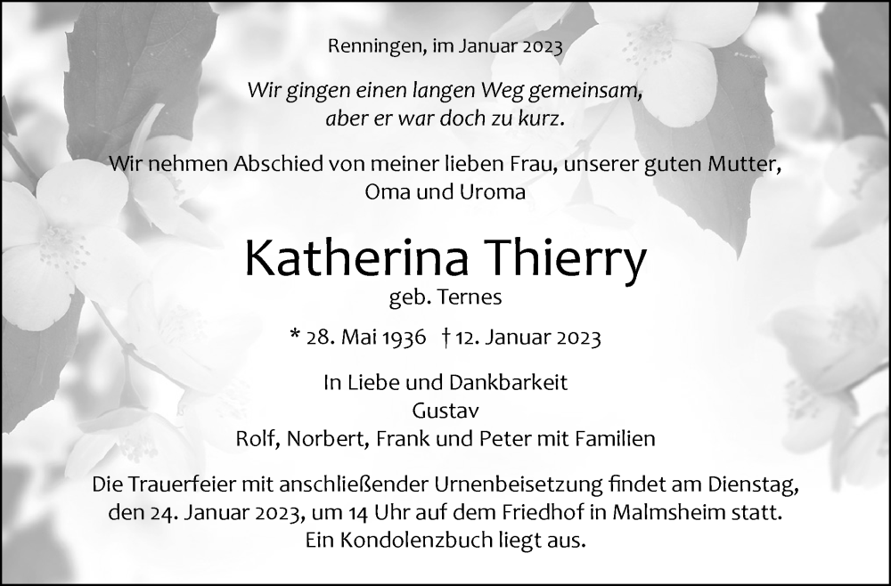  Traueranzeige für Katherina Thierry vom 21.01.2023 aus Leonberger Kreiszeitung / Strohgäu Extra