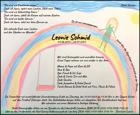 Traueranzeige von Leonie Schmid von Leonberger Kreiszeitung / Strohgäu Extra