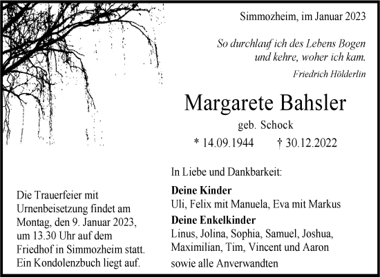 Traueranzeige von Margarete Bahsler von Leonberger Kreiszeitung / Strohgäu Extra