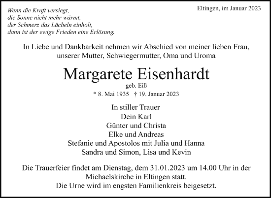 Traueranzeige von Margarete Eisenhardt von Leonberger Kreiszeitung / Strohgäu Extra