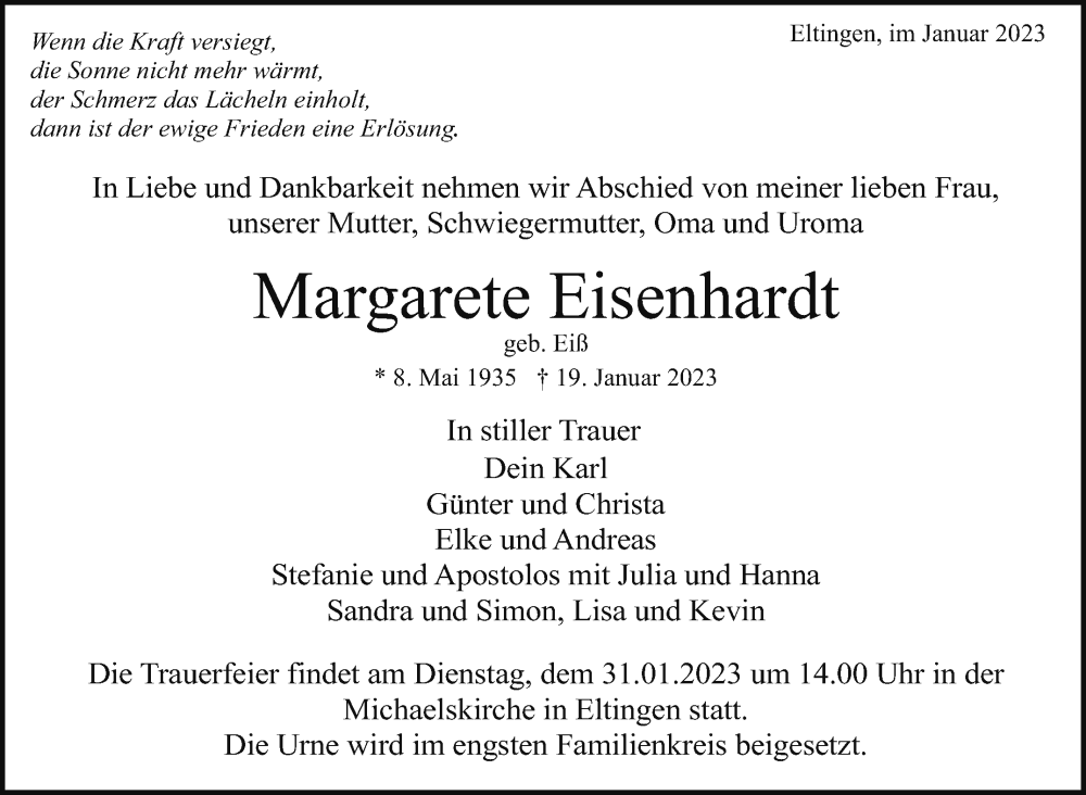  Traueranzeige für Margarete Eisenhardt vom 27.01.2023 aus Leonberger Kreiszeitung / Strohgäu Extra