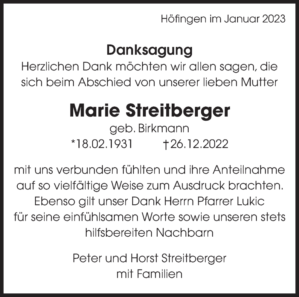  Traueranzeige für Marie Streitberger vom 28.01.2023 aus Leonberger Kreiszeitung / Strohgäu Extra