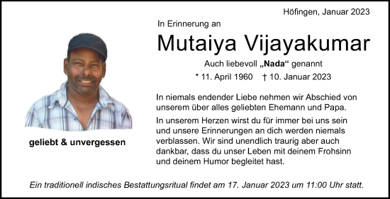 Traueranzeige von Mutaiya Vijayakumar von Leonberger Kreiszeitung / Strohgäu Extra