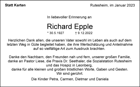 Traueranzeige von Richard Epple von Leonberger Kreiszeitung / Strohgäu Extra