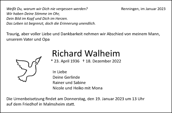 Traueranzeige von Richard Walheim von Leonberger Kreiszeitung / Strohgäu Extra