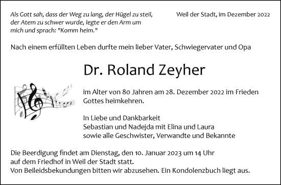 Traueranzeige von Roland Zeyher von Leonberger Kreiszeitung / Strohgäu Extra